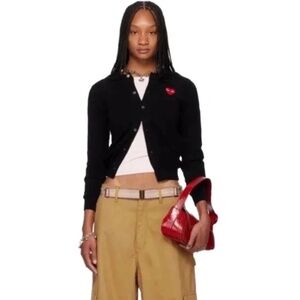 Comme Des Garçons PLAY 100% Wool Black Cardigan with Heart Applique